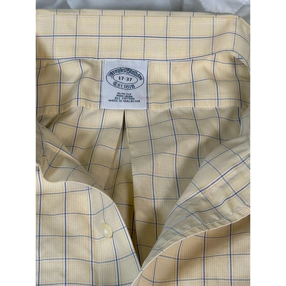 Brooks Brothers Shirt Slim Fit Mens 17-37 Yellow Plaid Button Down Long‎ Sleeve